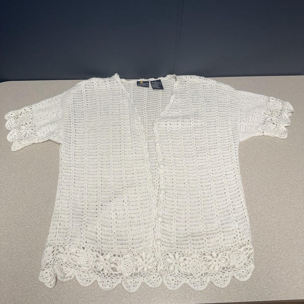 Lizsport Crocheted By Hand Medium White Cottagecore Scalloped Boho Women's Top